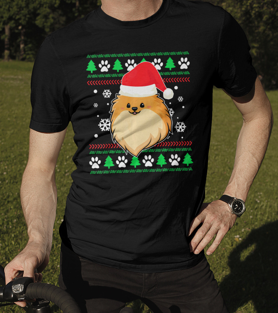 Pomeranian Santa Hat Ugly Christmas Sweater Snowflakes Trees Paws T-Shirt