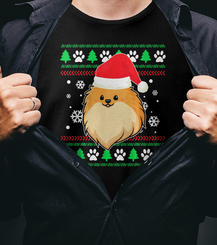 Pomeranian Santa Hat Ugly Christmas Sweater Snowflakes Trees Paws T-Shirt