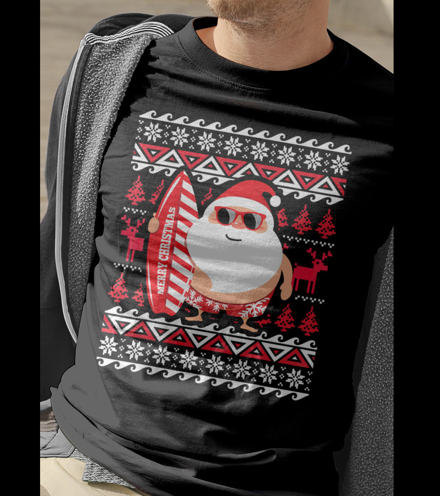 Surfing Santa Claus Merry Christmas Hawaii Red Reindeer Snowflakes T-Shirt