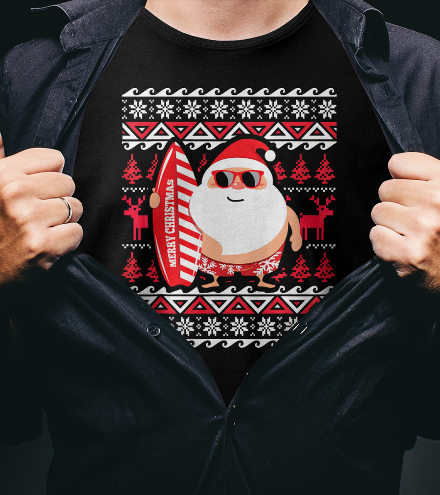 Surfing Santa Claus Merry Christmas Hawaii Red Reindeer Snowflakes T-Shirt