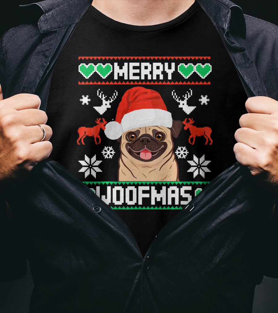 Merry Woofmas Christmas Xmas Santa Claus Dog Reindeer Pug In Santa Hat With Snowflakes And Green Hearts T-Shirt