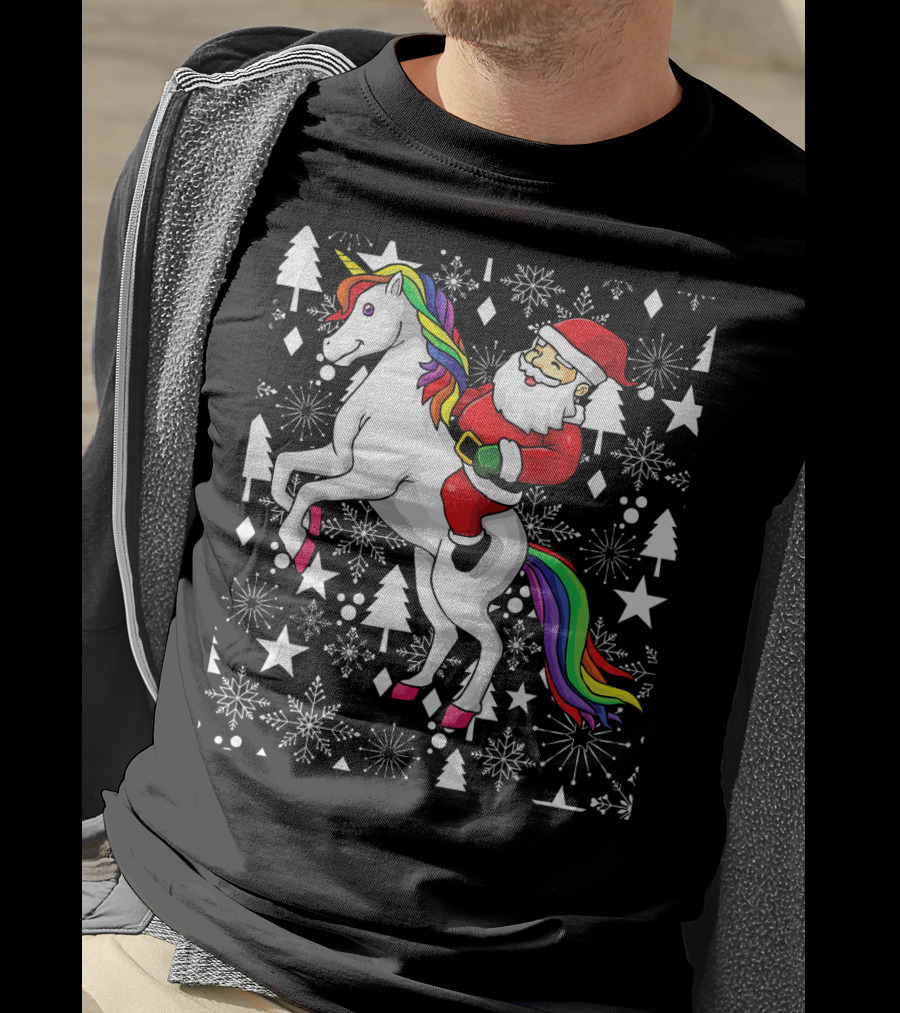 Santa Claus Riding A Unicorn Ugly Christmas Sweater With Stars And Snowflakes T-Shirt