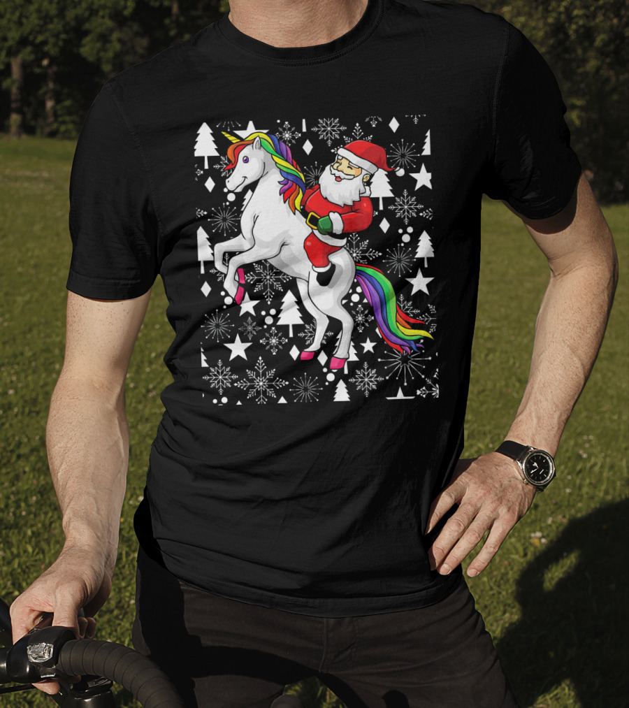 Santa Claus Riding A Unicorn Ugly Christmas Sweater With Stars And Snowflakes T-Shirt
