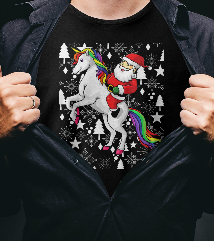 Santa Claus Riding A Unicorn Ugly Christmas Sweater With Stars And Snowflakes T-Shirt