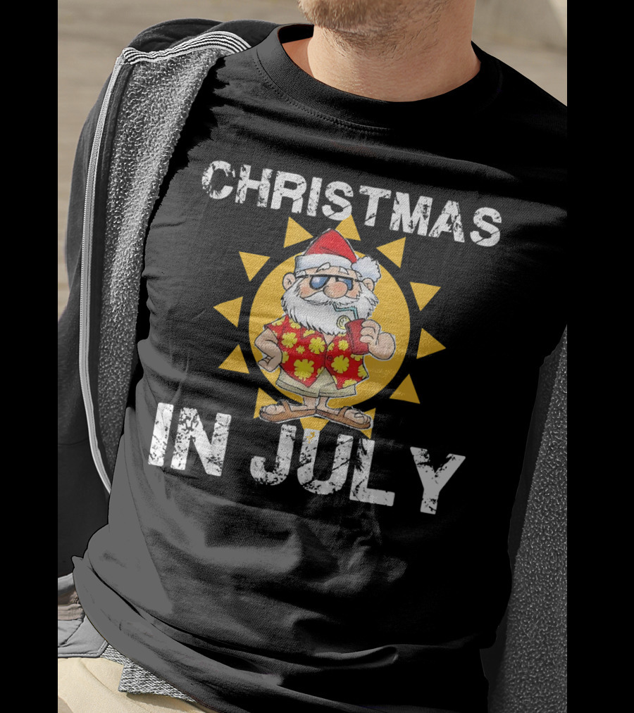 Christmas In July Funny Santa In Hawaiian Shirt With Sunglasses And Drink T-Shirt
