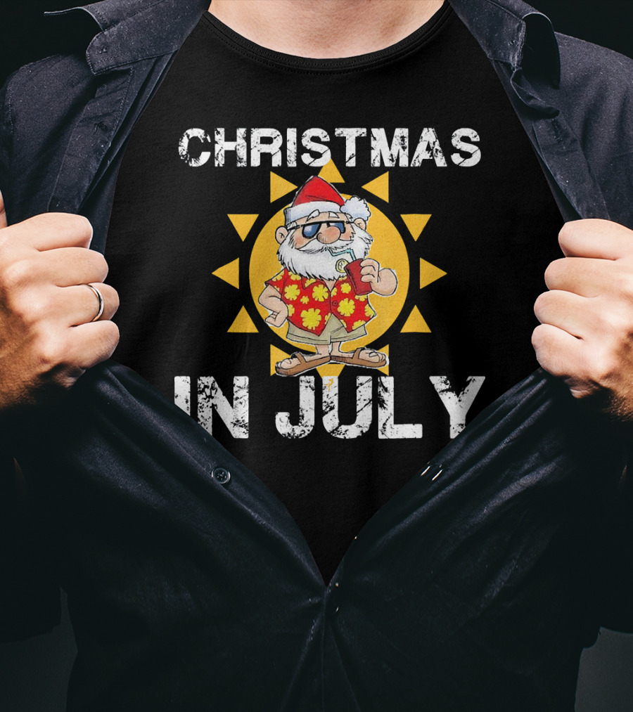 Christmas In July Funny Santa In Hawaiian Shirt With Sunglasses And Drink T-Shirt