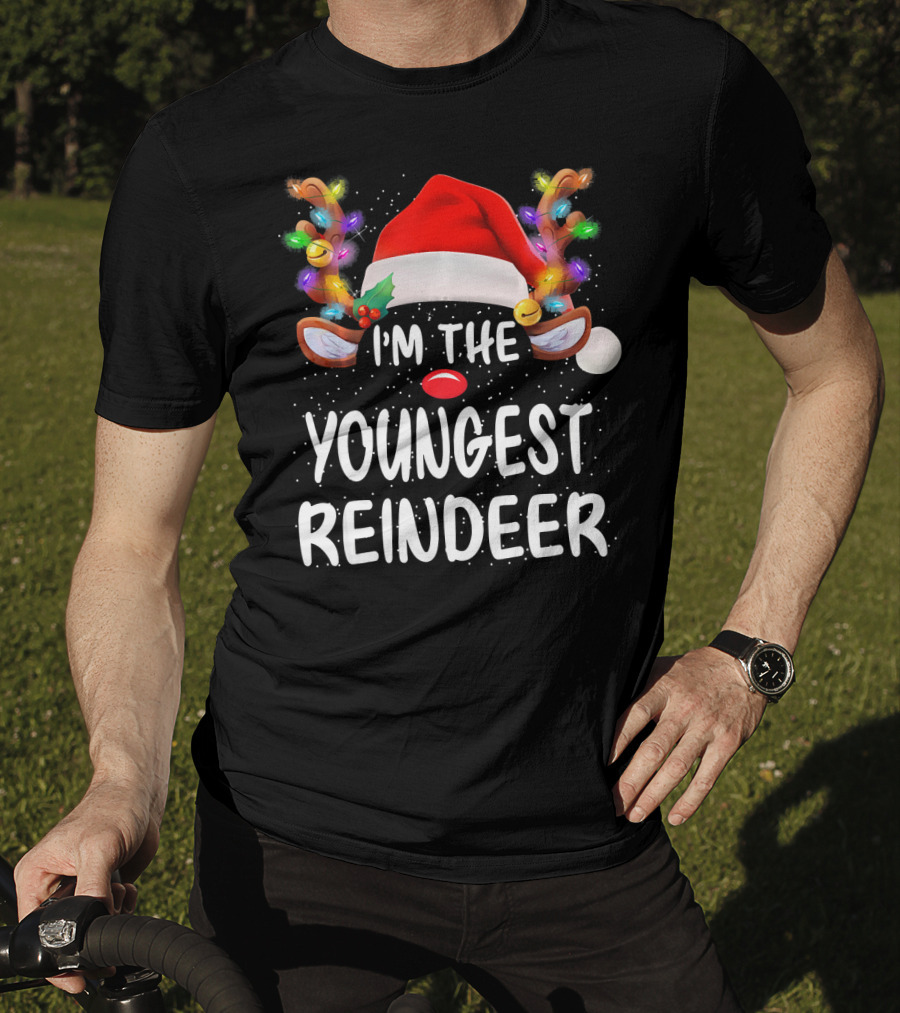 I'm The Youngest Reindeer Santa Hat Light-Up Antlers Snowfall T-Shirt