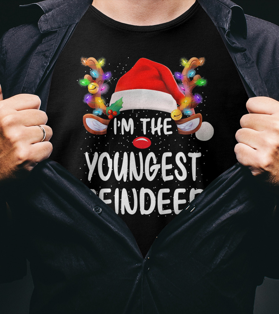 I'm The Youngest Reindeer Santa Hat Light-Up Antlers Snowfall T-Shirt
