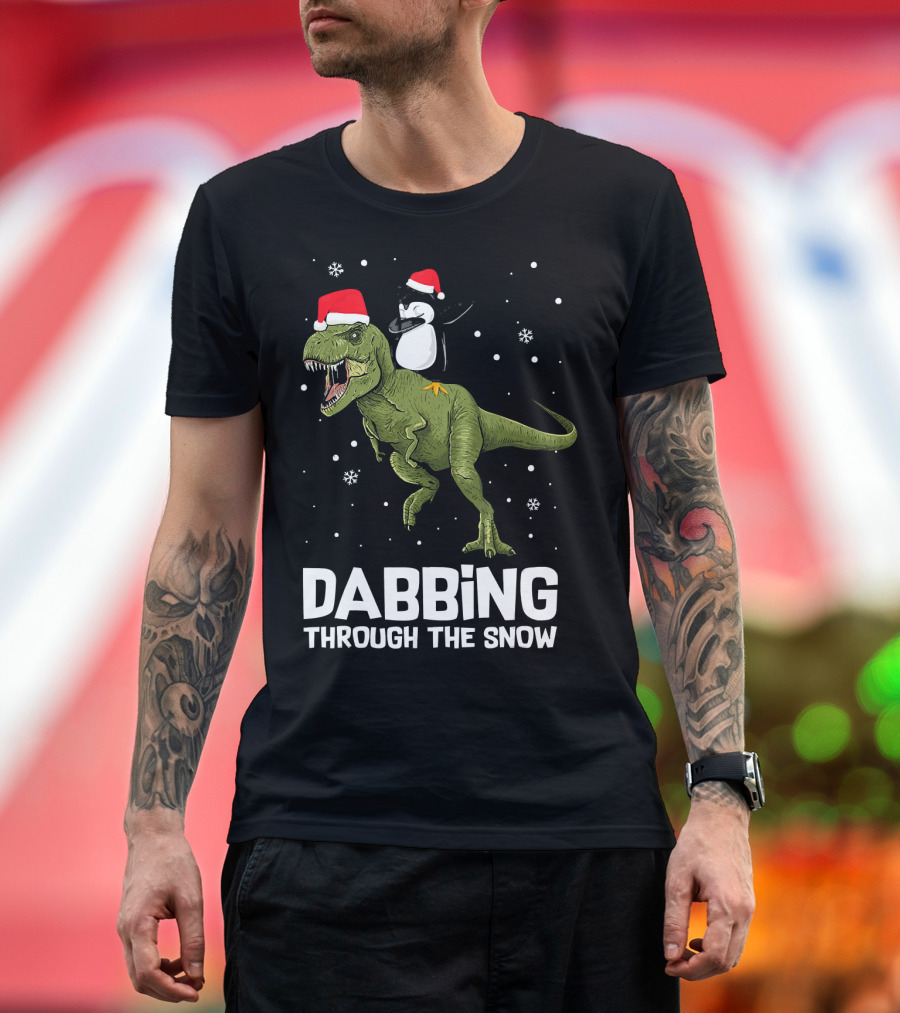 Dabbing Through the Snow Penguin on Dinosaur Christmas T-Shirt