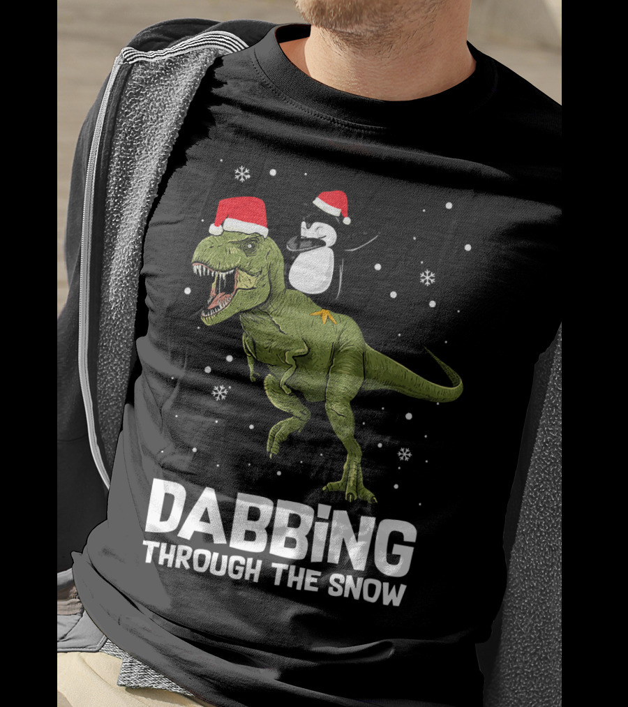 Dabbing Through The Snow Penguin On Dinosaur Christmas T-Shirt