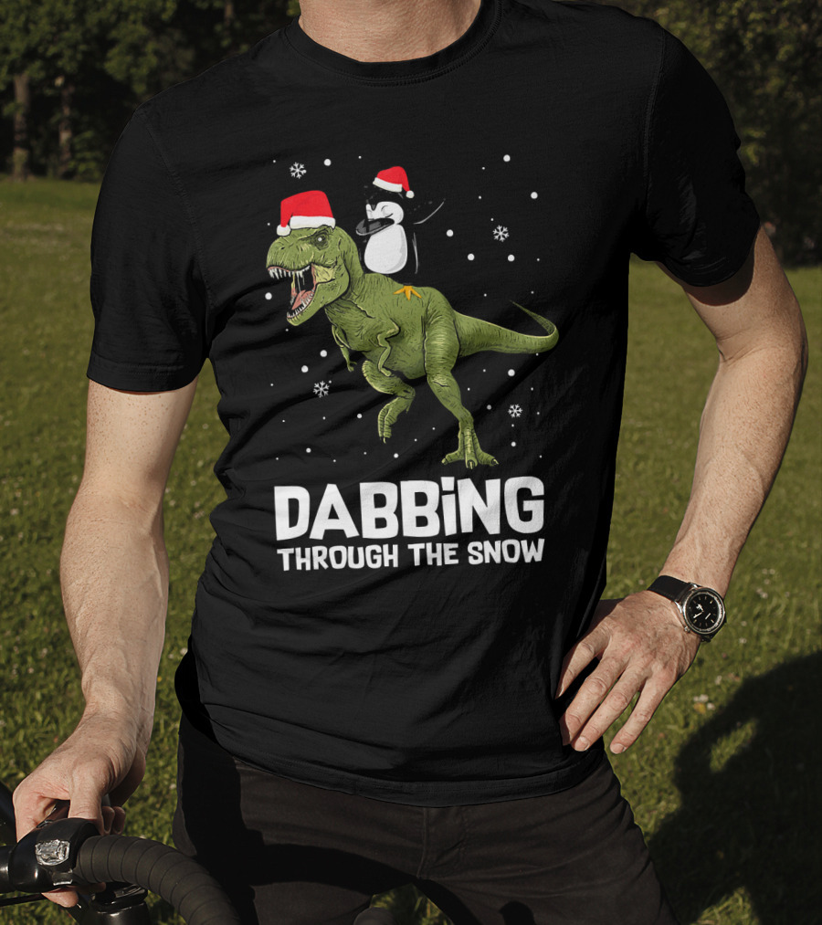 Dabbing Through The Snow Penguin On Dinosaur Christmas T-Shirt