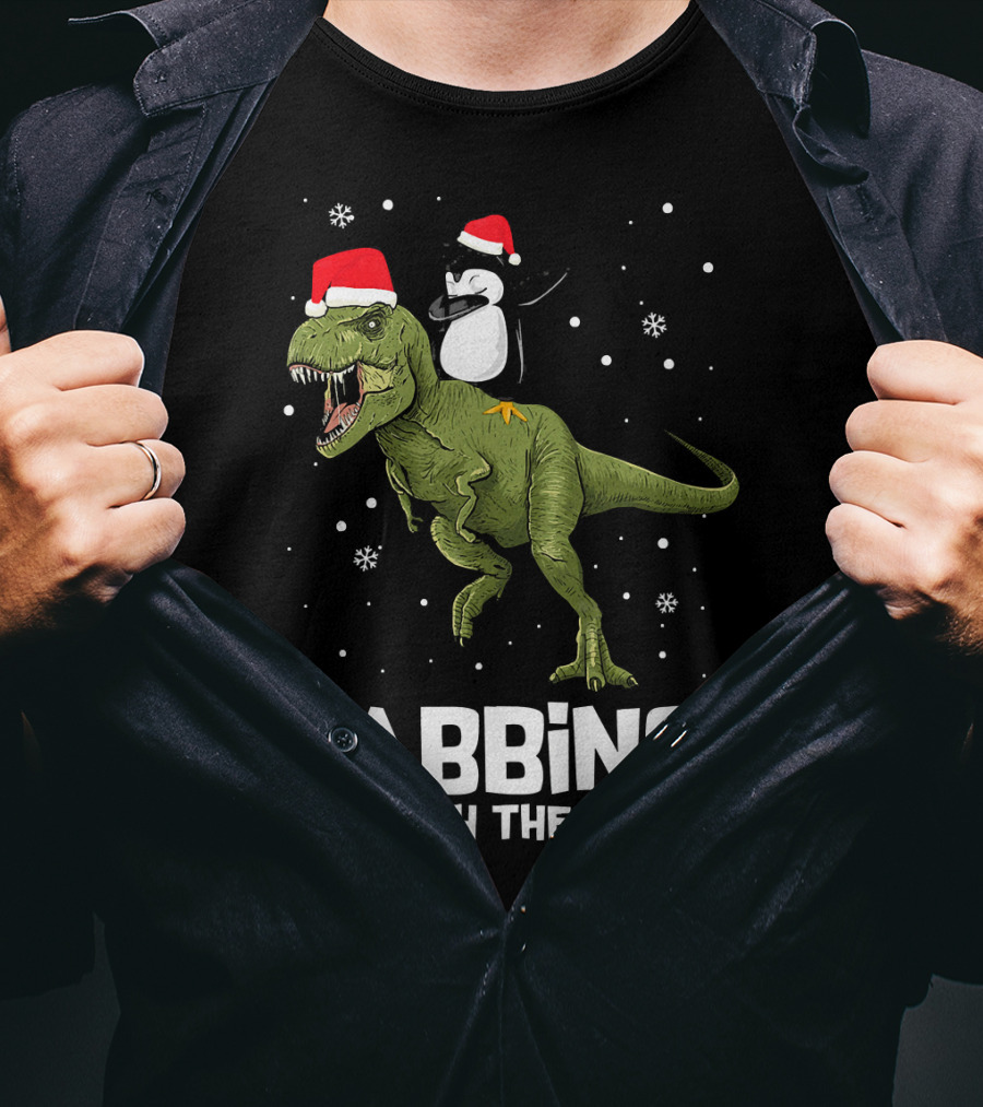 Dabbing Through The Snow Penguin On Dinosaur Christmas T-Shirt