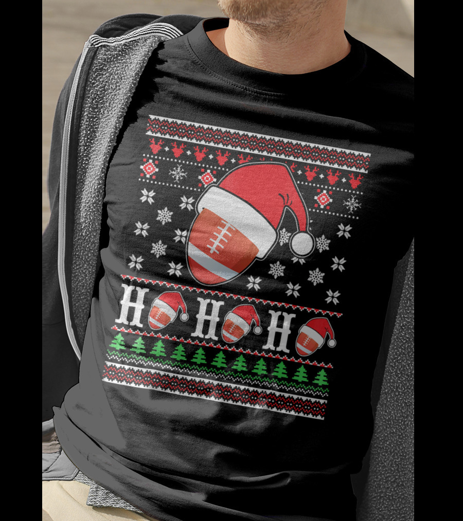 Ugly Christmas Football Santa Claus HO HO HO Holiday T-Shirt