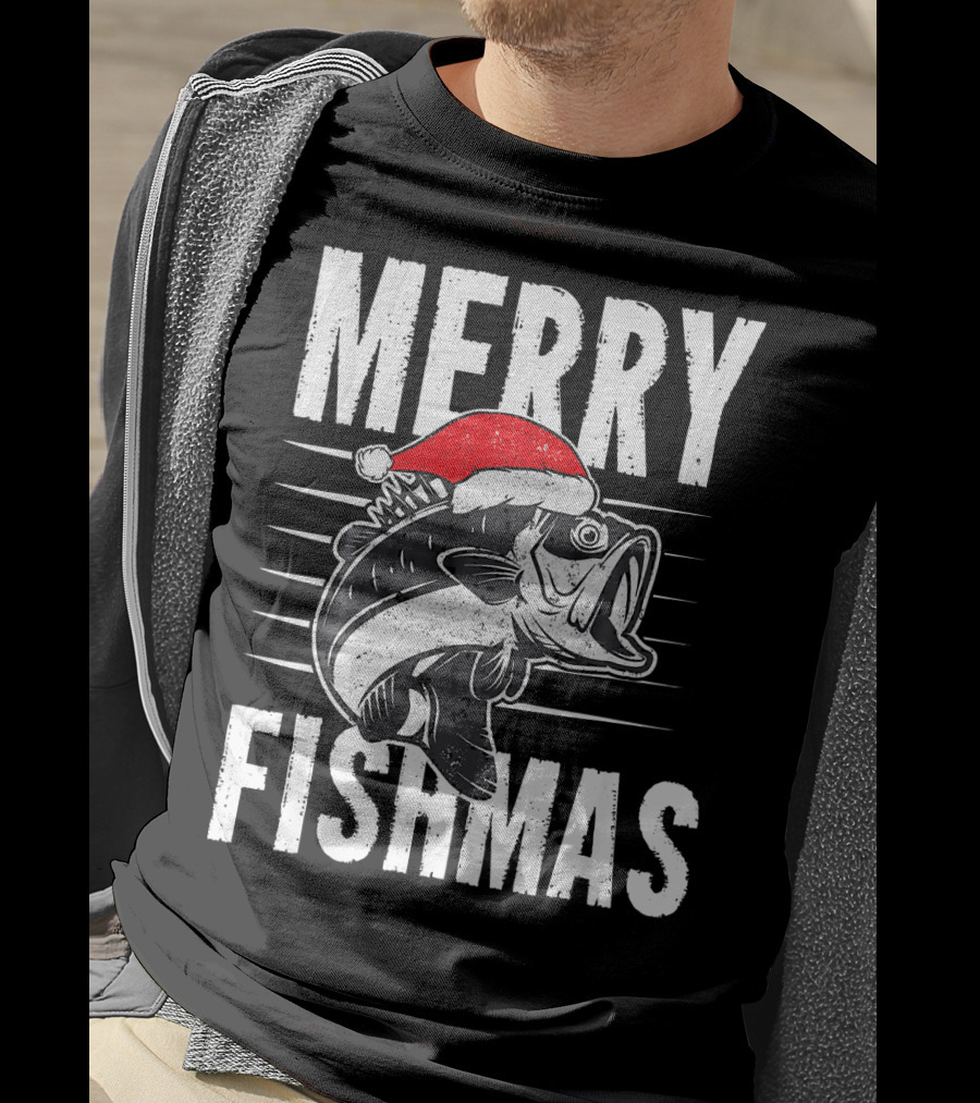 Merry Fishmas Funny Christmas Fishing Santa Hat Fish T-Shirt