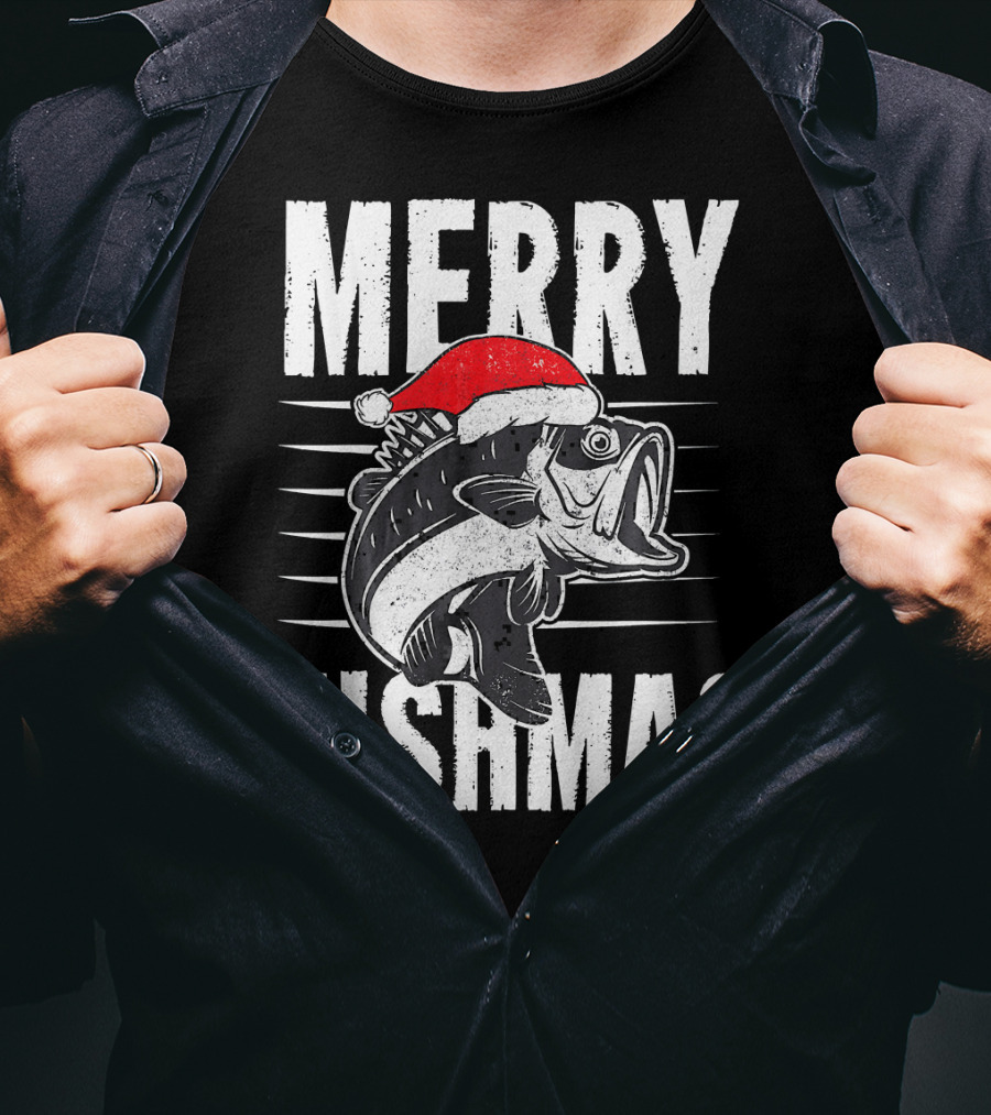 Merry Fishmas Funny Christmas Fishing Santa Hat Fish T-Shirt