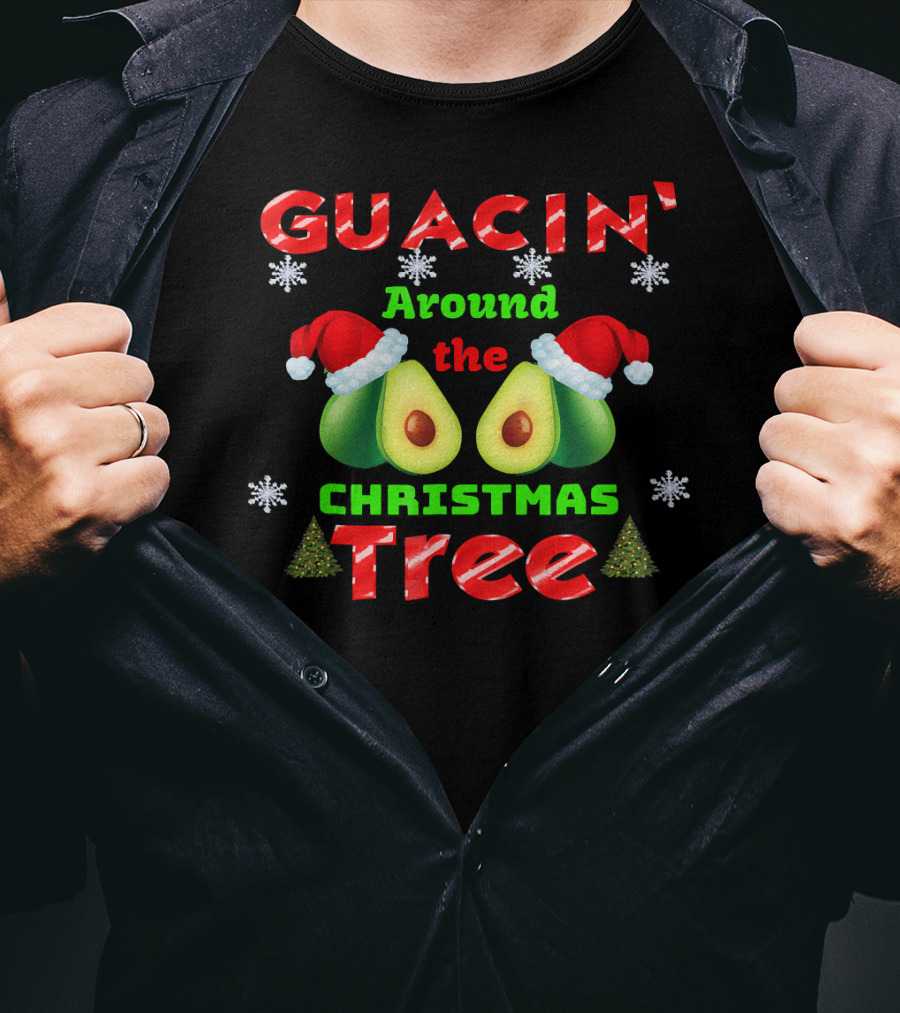 Guacin' Around The Christmas Tree Avocado Santa Hat Snowflakes T-Shirt