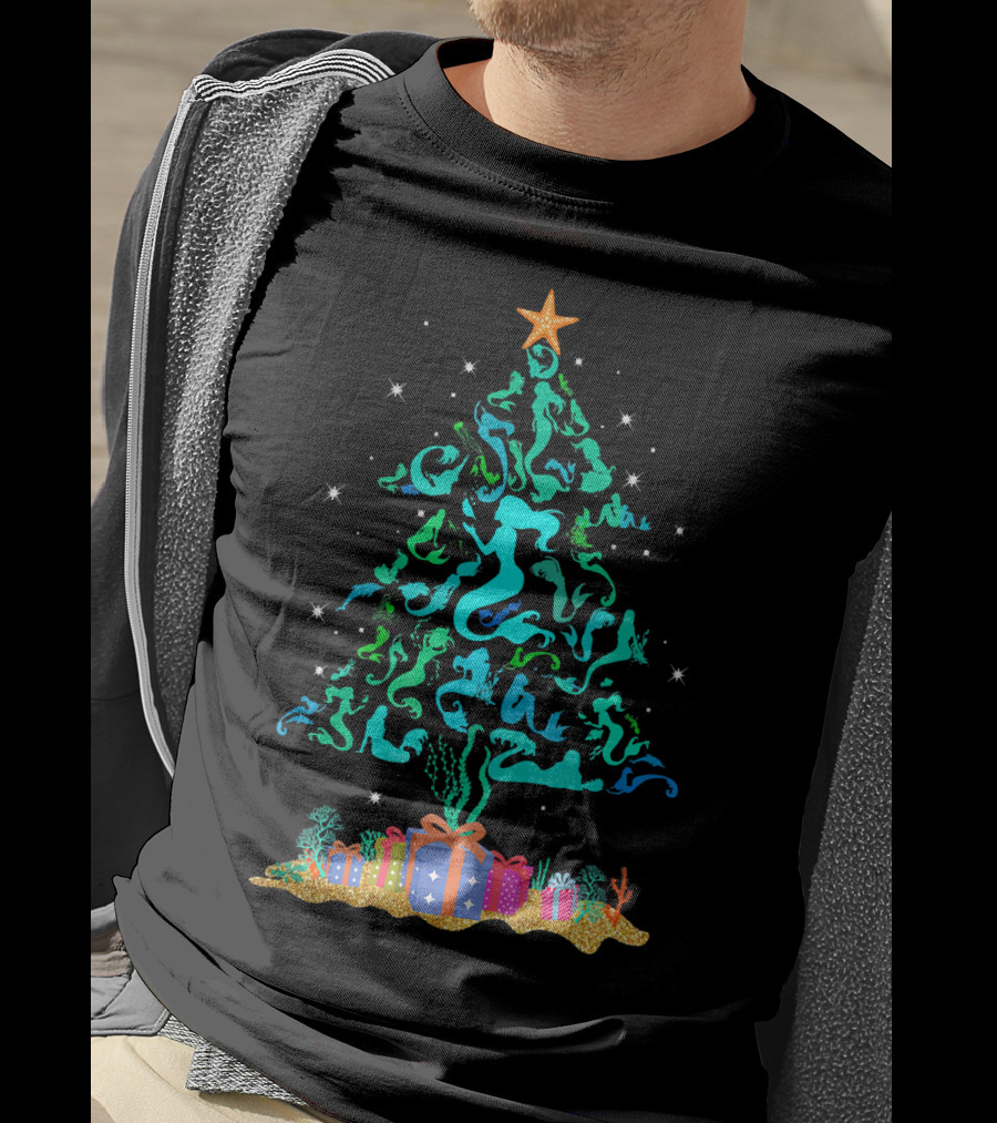 Mermaid Christmas Tree With Gifts And Star Topper T-Shirt