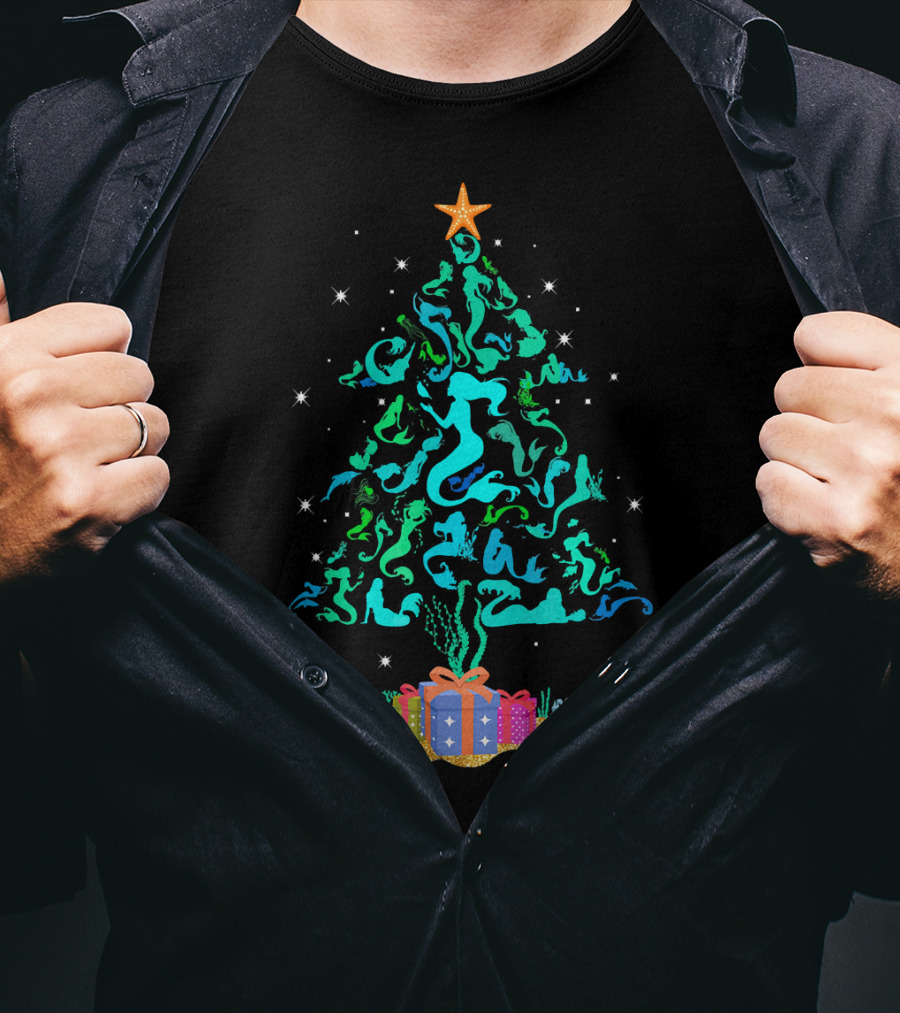 Mermaid Christmas Tree With Gifts And Star Topper T-Shirt