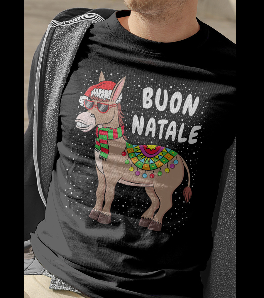 Buon Natale Christmas Donkey With Santa Hat And Colorful Lights T-Shirt