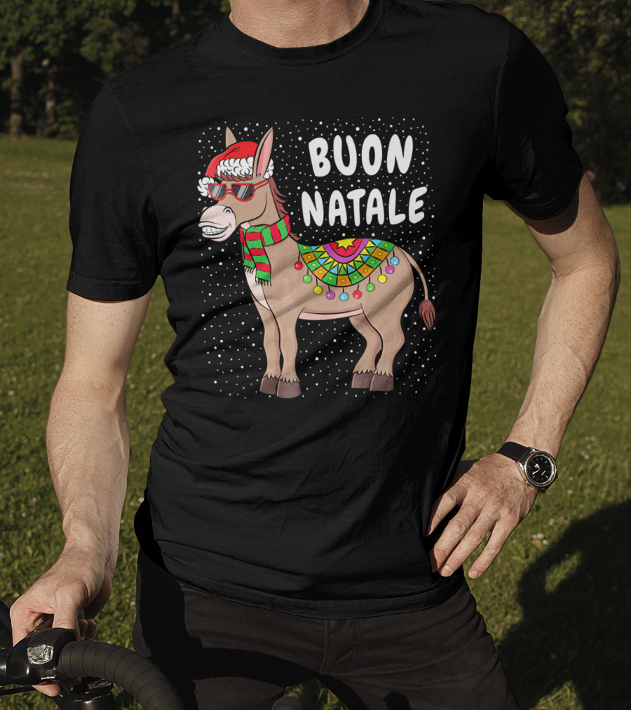 Buon Natale Christmas Donkey With Santa Hat And Colorful Lights T-Shirt