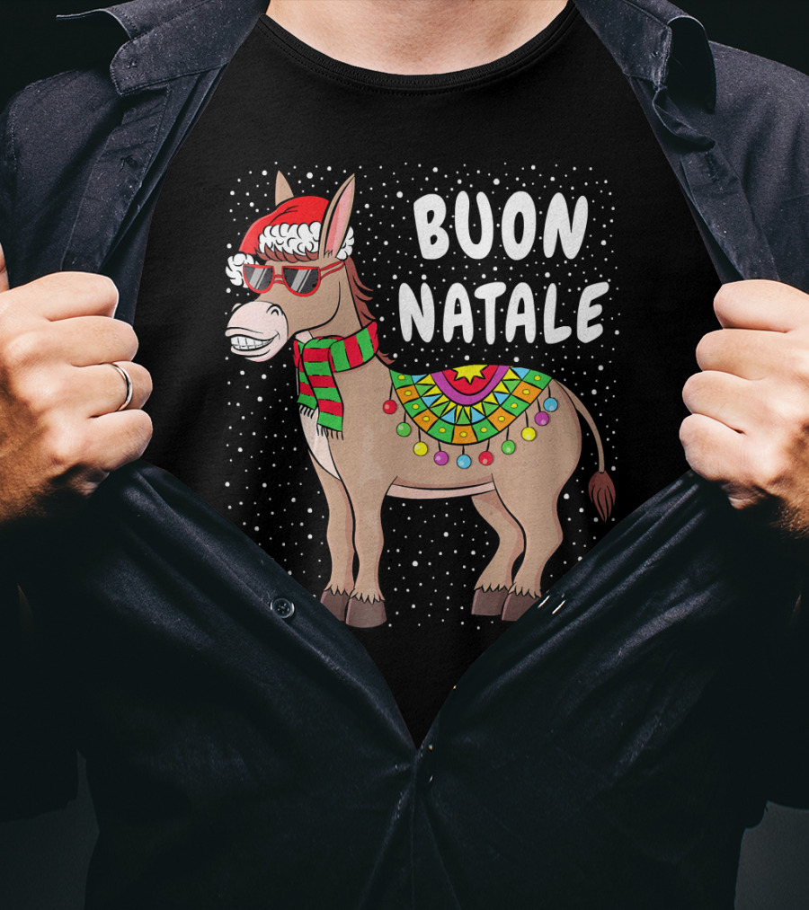 Buon Natale Christmas Donkey With Santa Hat And Colorful Lights T-Shirt