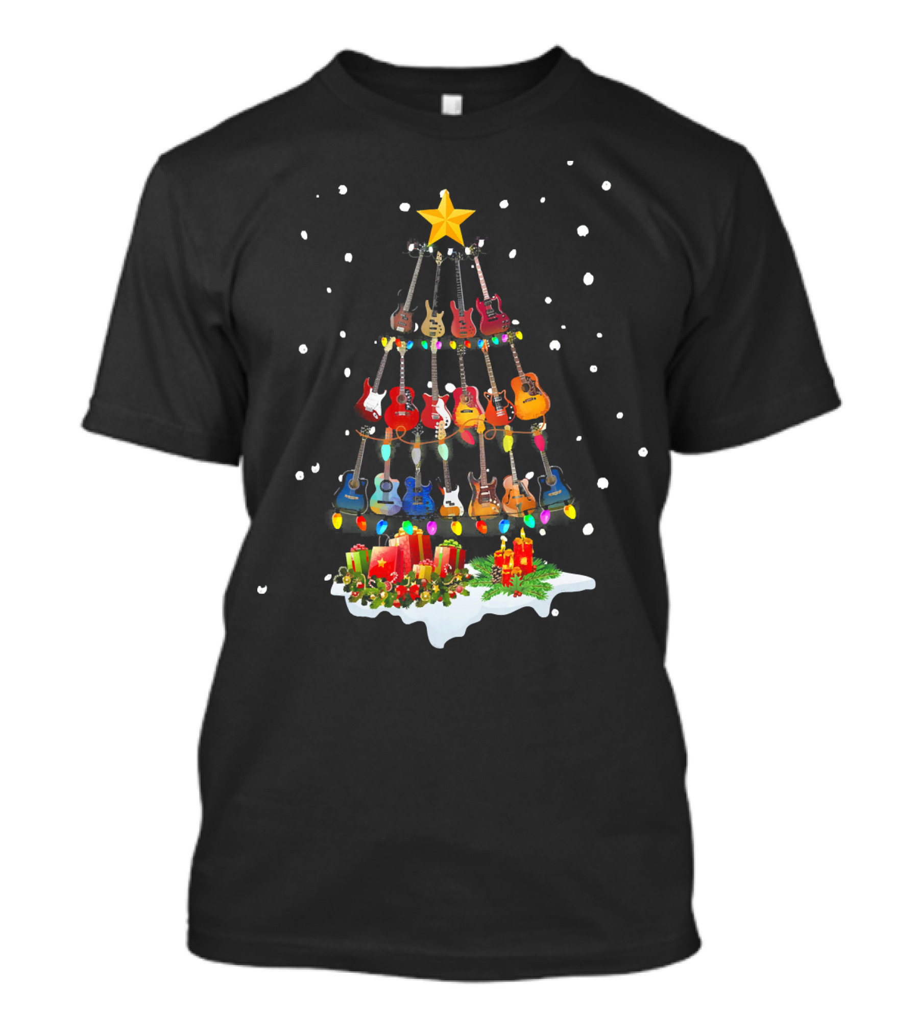 Guitar Christmas Tree Holiday Lights Snowflakes Star Candles T-Shirt