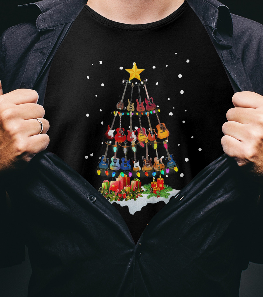 Guitar Christmas Tree Holiday Lights Snowflakes Star Candles T-Shirt