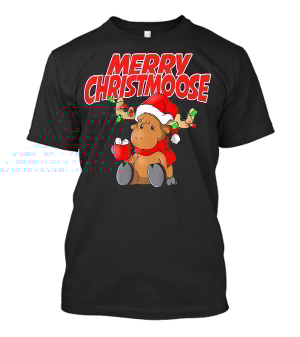 Merry Christmoose Funny Holiday Pun Moose With Santa Hat And Hot Cocoa T-Shirt