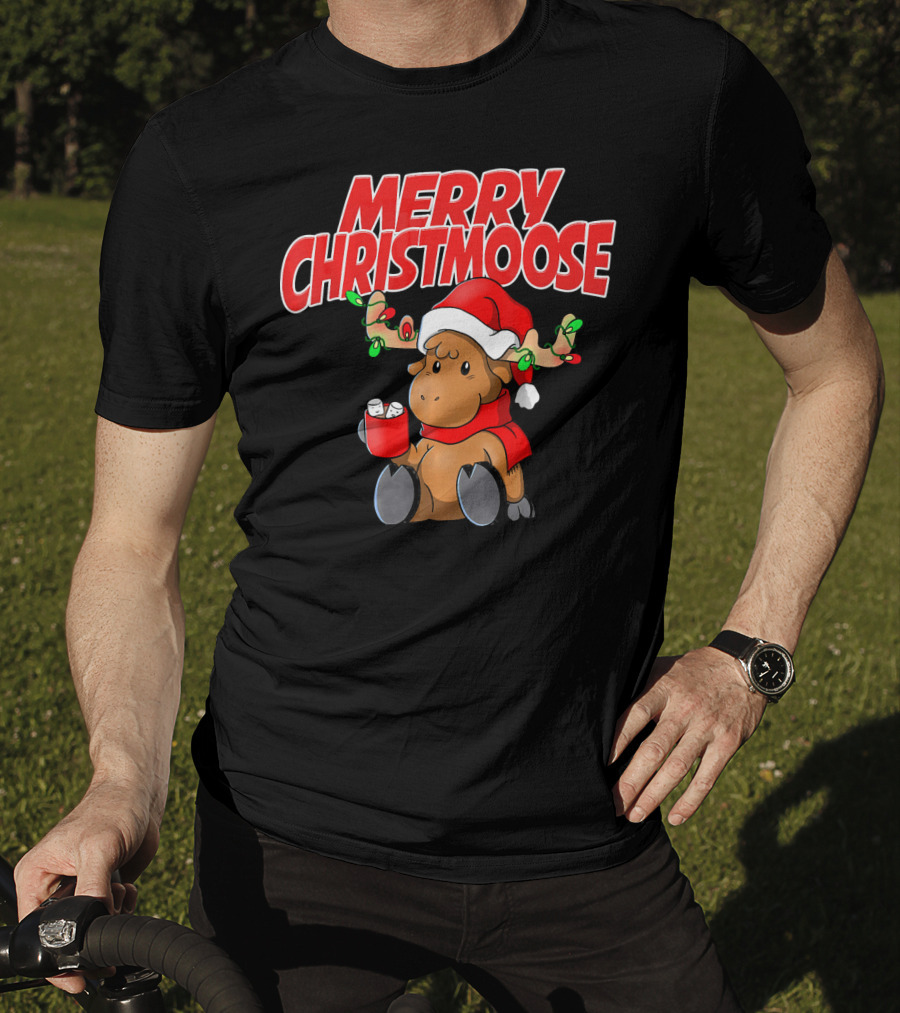Merry Christmoose Funny Holiday Pun Moose With Santa Hat And Hot Cocoa T-Shirt
