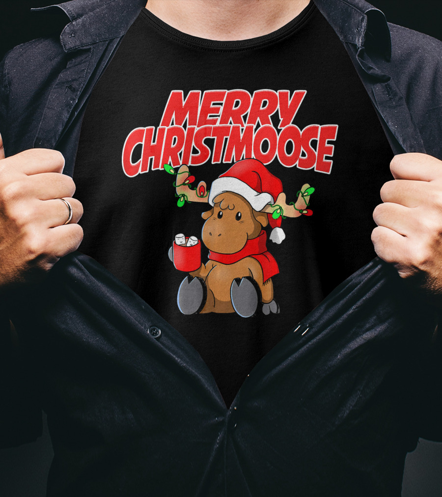 Merry Christmoose Funny Holiday Pun Moose With Santa Hat And Hot Cocoa T-Shirt