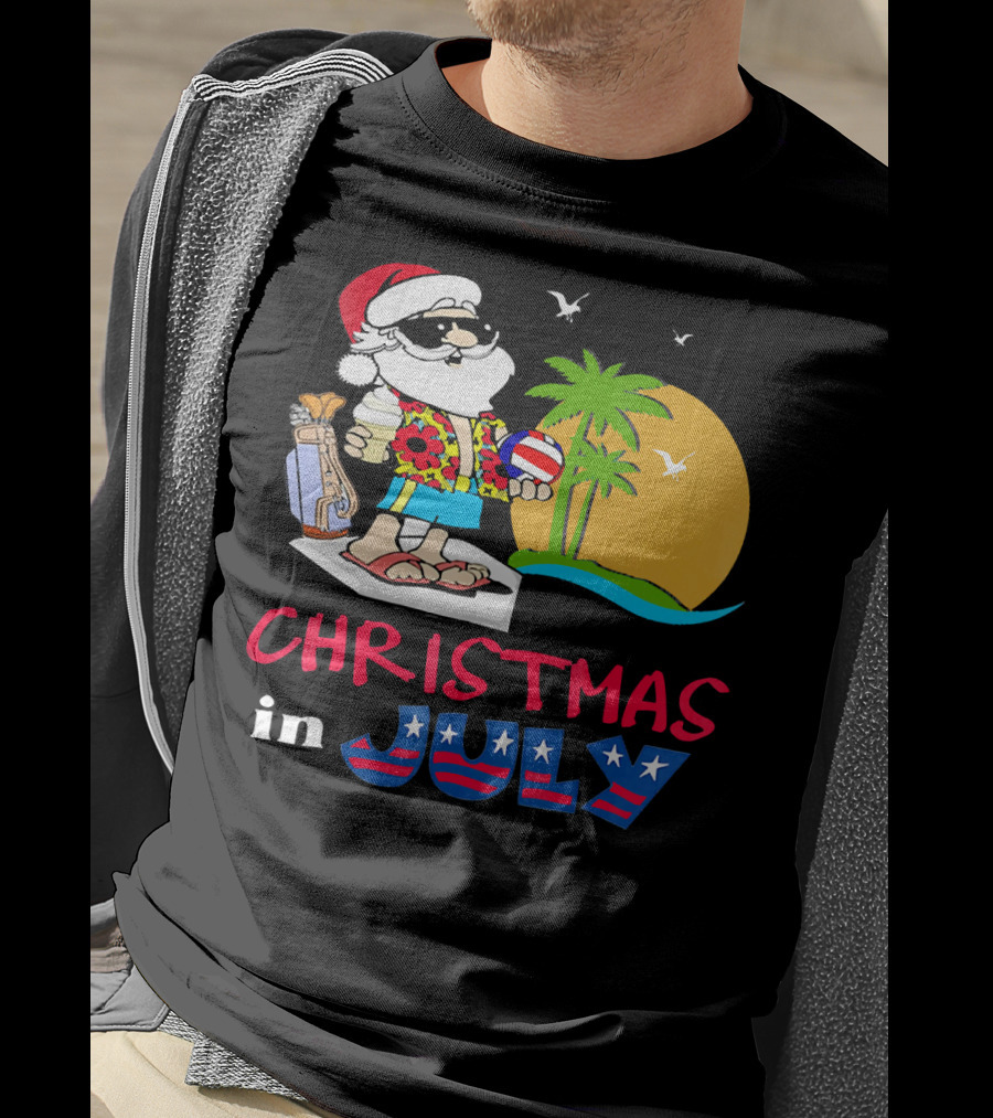 Christmas In July Funny Santa Summer Golf Sun And Palm Trees T-Shirt