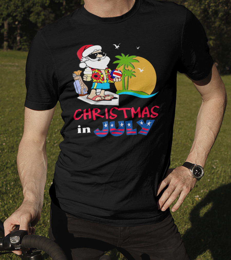Christmas In July Funny Santa Summer Golf Sun And Palm Trees T-Shirt