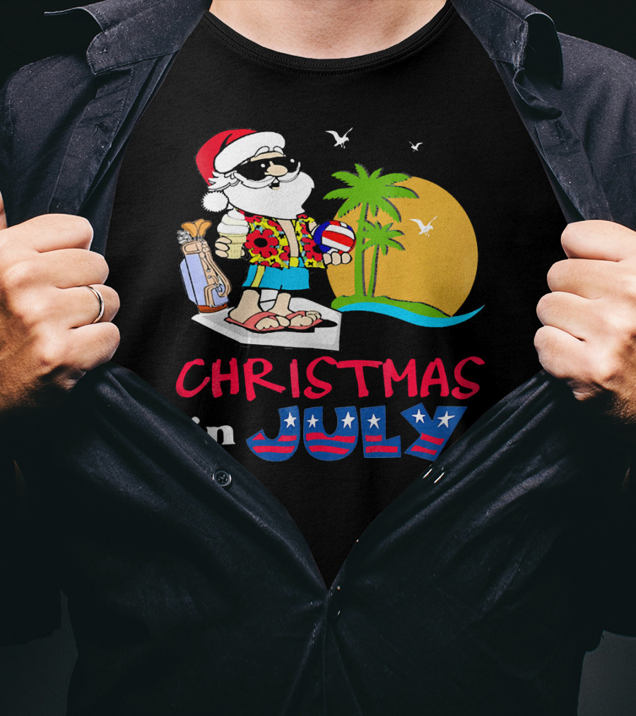 Christmas In July Funny Santa Summer Golf Sun And Palm Trees T-Shirt