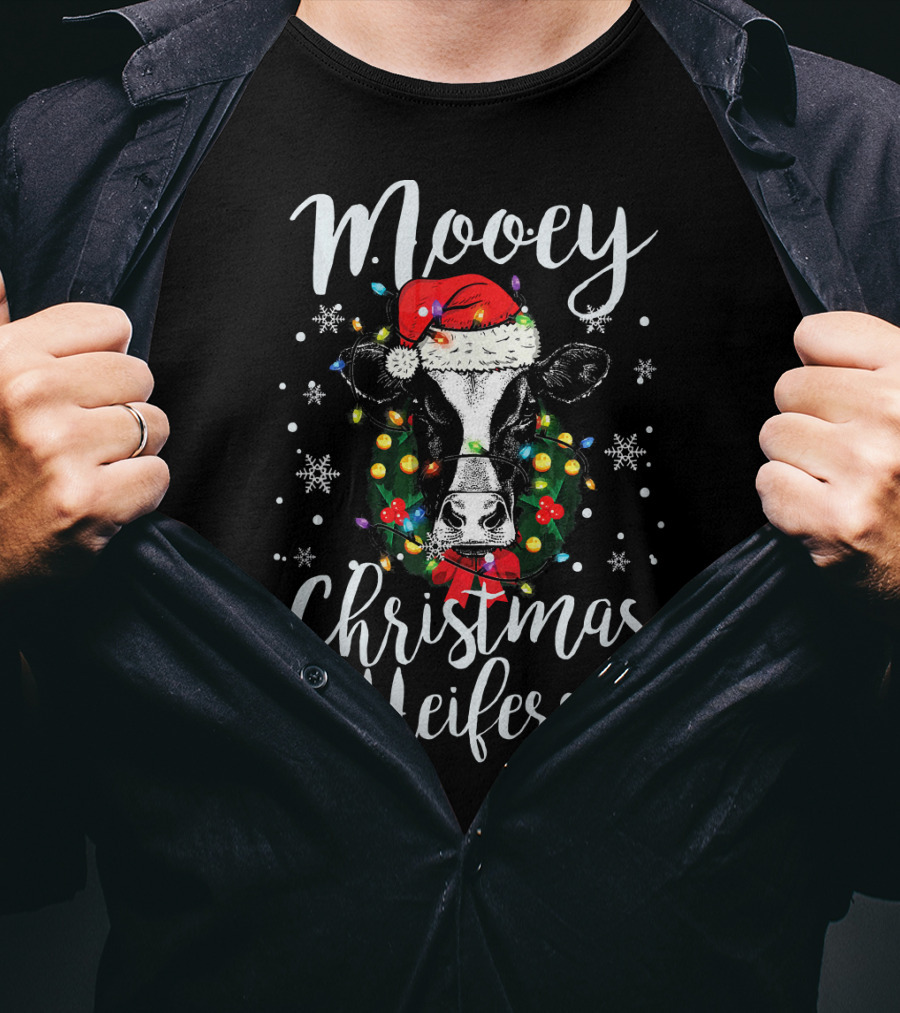 Mooey Christmas Heifers Santa Cow With Festive Lights And Snowflakes T-Shirt