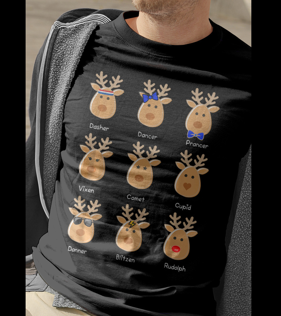 Cute Rudolph The Red-Nosed Reindeer Dasher Dancer Prancer Vixen Comet Cupid Donner Blitzen T-Shirt