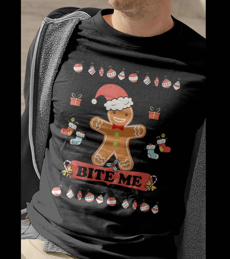 Ugly Christmas Bite Me Gingerbread Santa Hat Ornaments Stockings Gifts T-Shirt