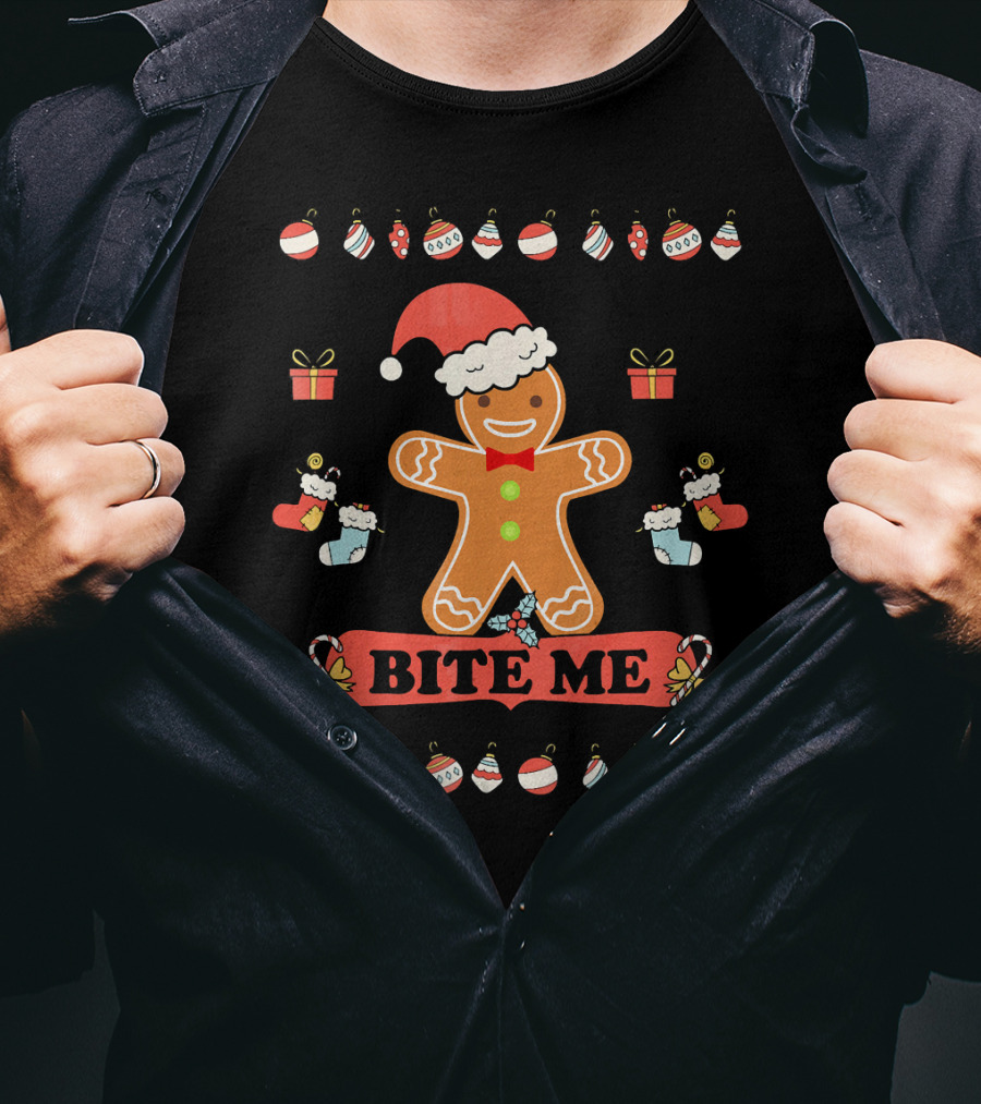 Ugly Christmas Bite Me Gingerbread Santa Hat Ornaments Stockings Gifts T-Shirt
