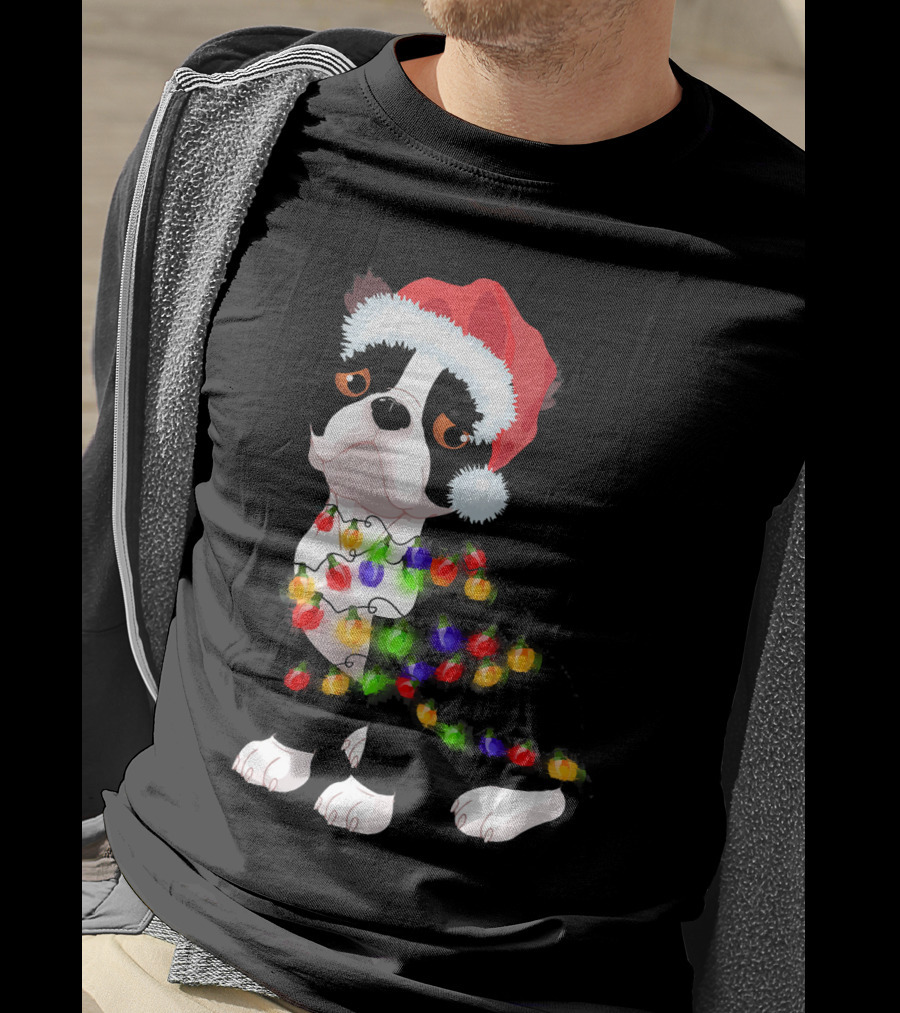 Boston Terrier Christmas Lights Santa Hat T-Shirt