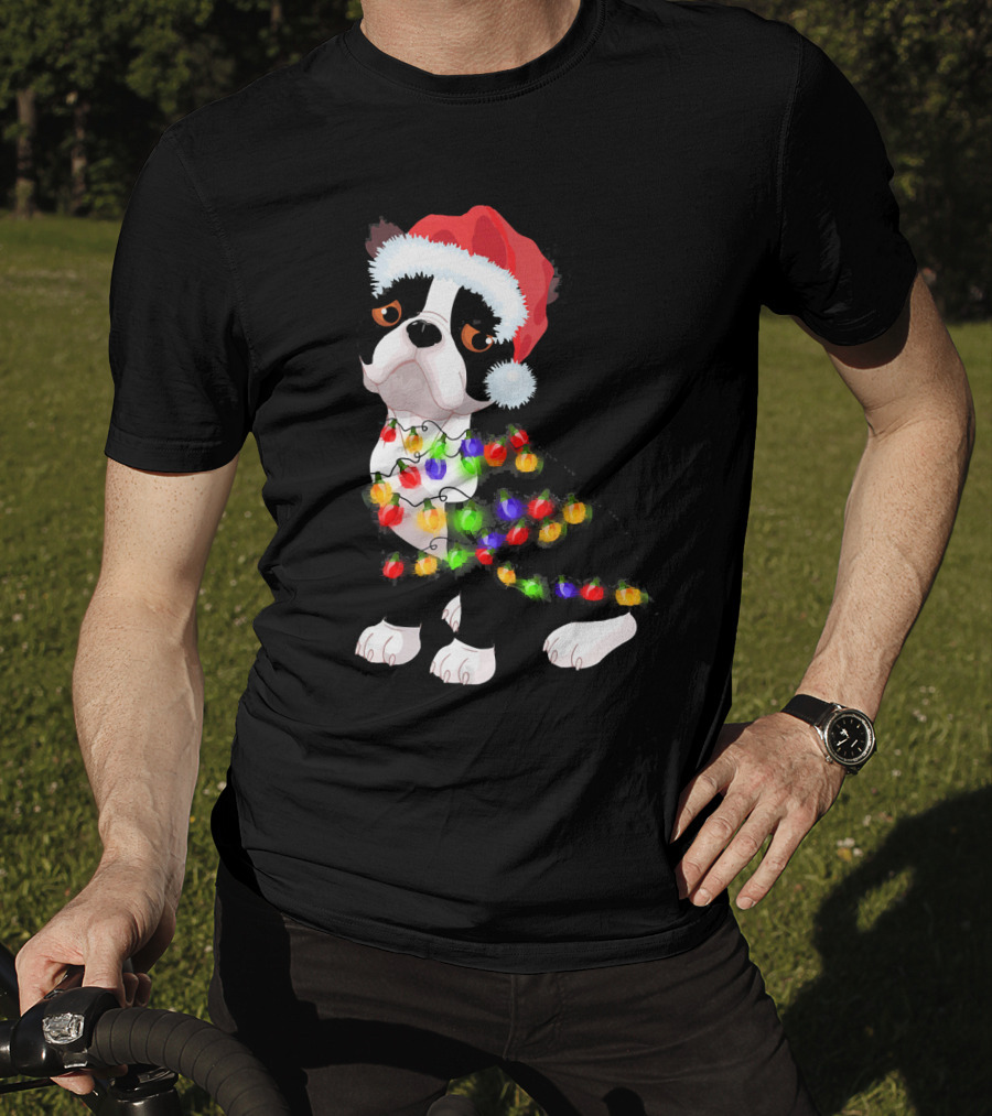 Boston Terrier Christmas Lights Santa Hat T-Shirt