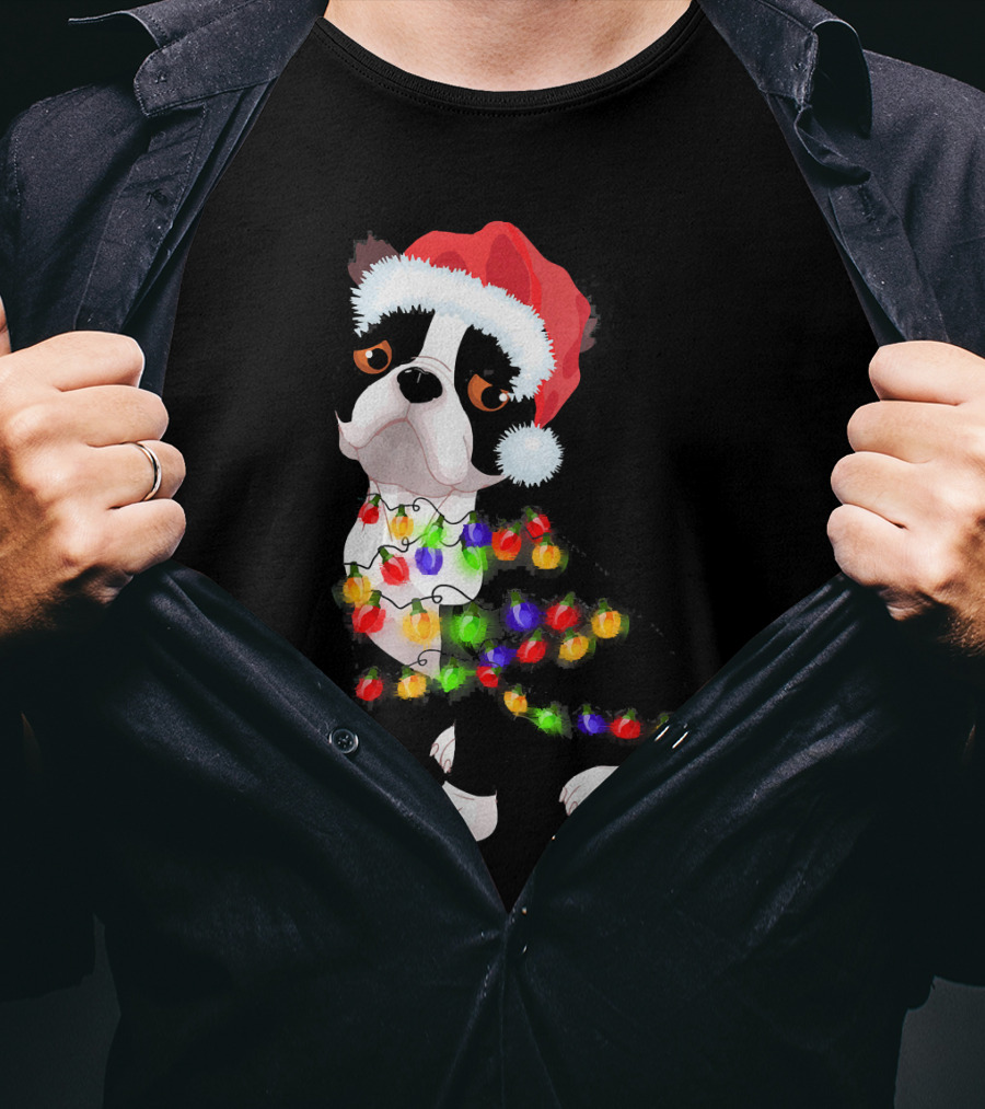 Boston Terrier Christmas Lights Santa Hat T-Shirt