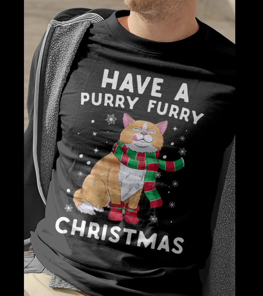 Have A Purry Furry Christmas Snowflakes And Cat With Scarf T-Shirt