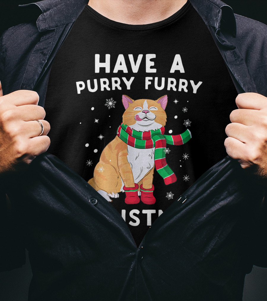 Have A Purry Furry Christmas Snowflakes And Cat With Scarf T-Shirt