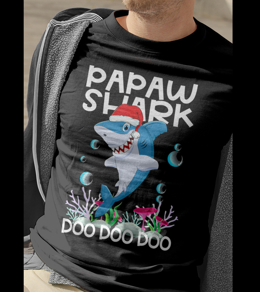 Papaw Shark Doo Doo Doo Santa Hat Coral Bubbles T-Shirt