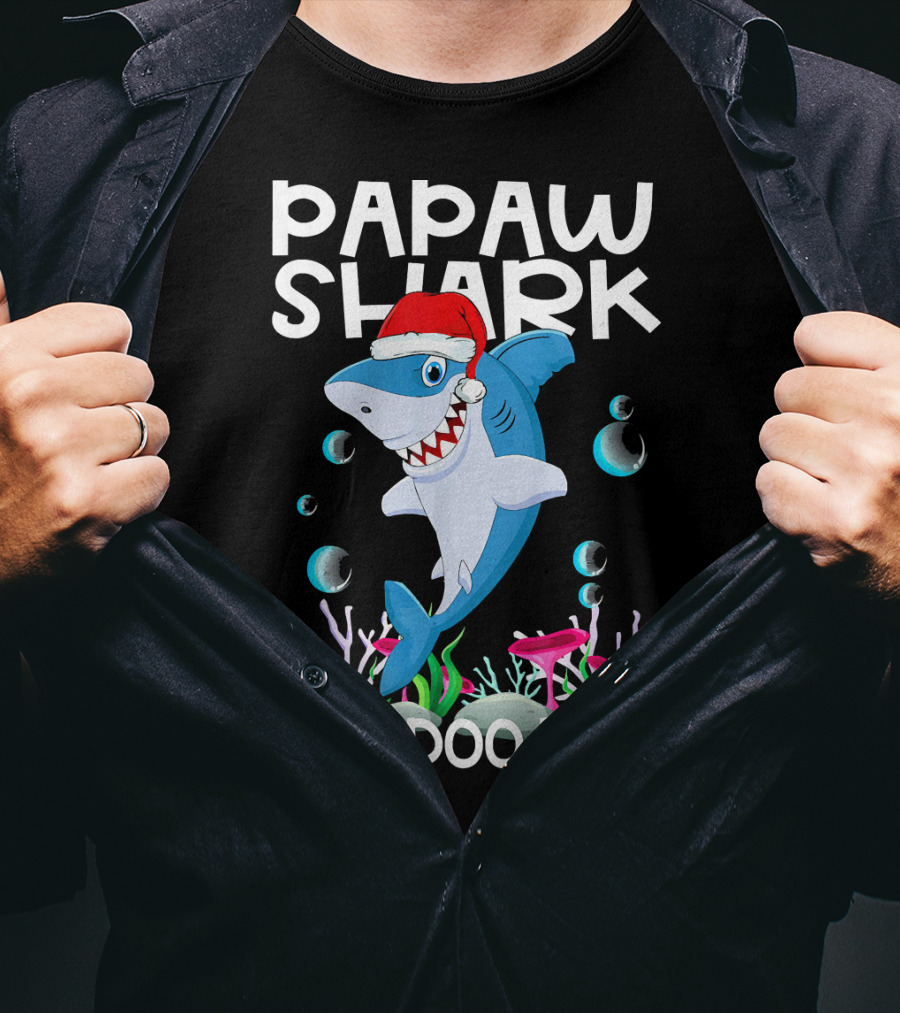 Papaw Shark Doo Doo Doo Santa Hat Coral Bubbles T-Shirt