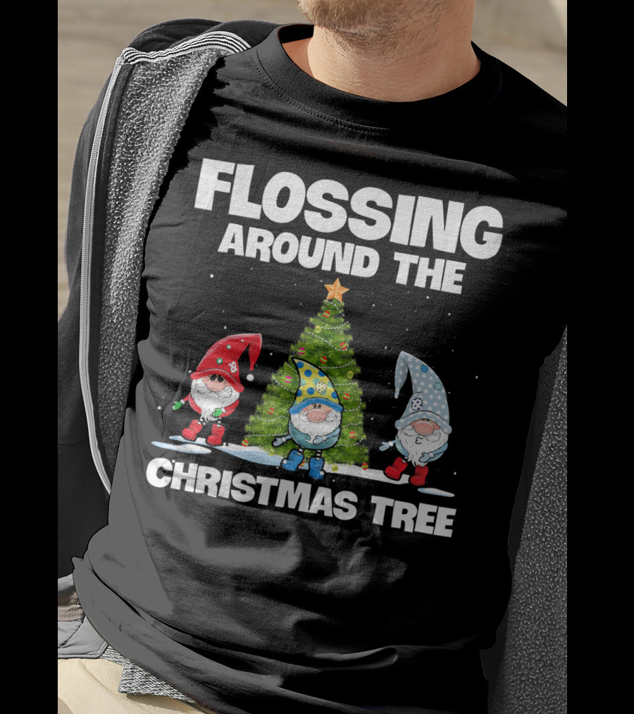 Flossing Around The Christmas Tree Gnomes And Lights Under Starry Sky T-Shirt