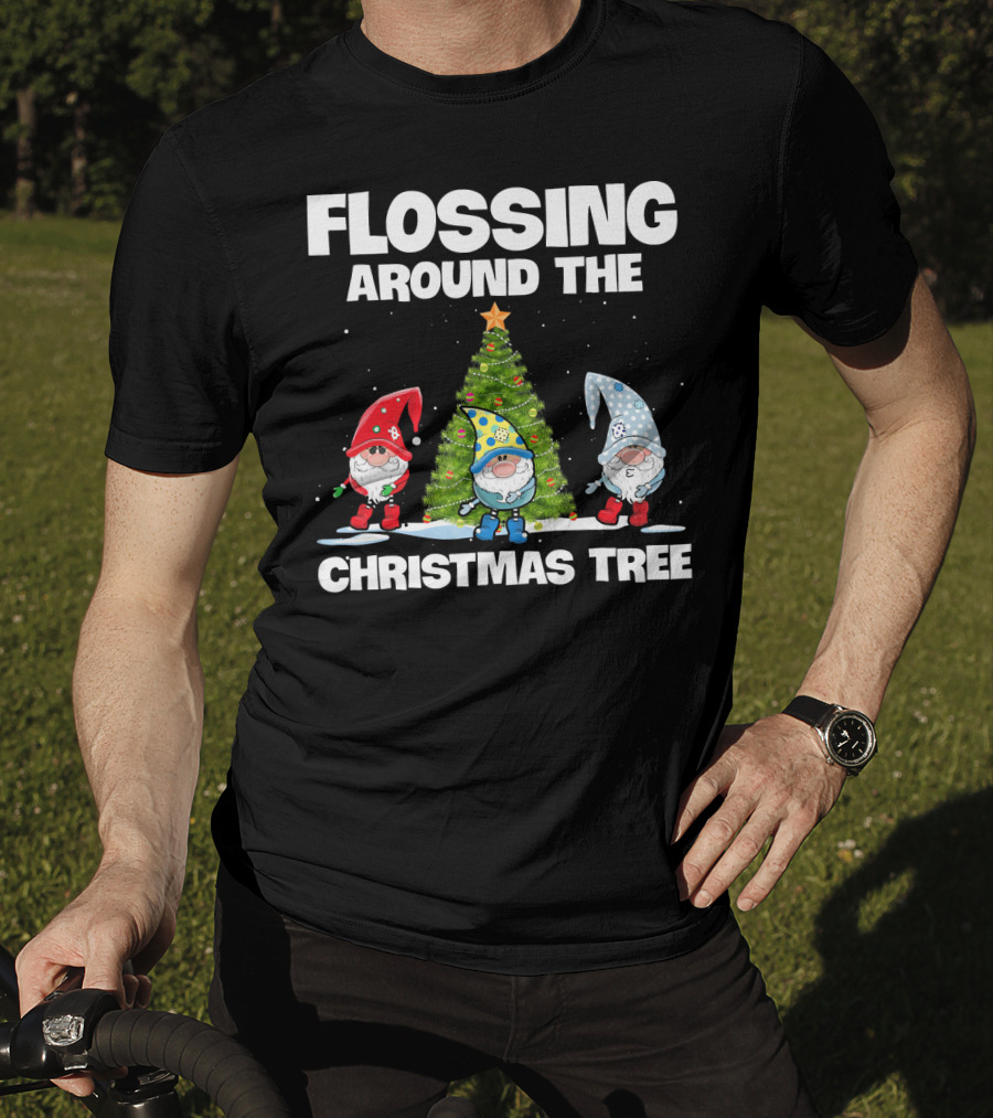 Flossing Around The Christmas Tree Gnomes And Lights Under Starry Sky T-Shirt