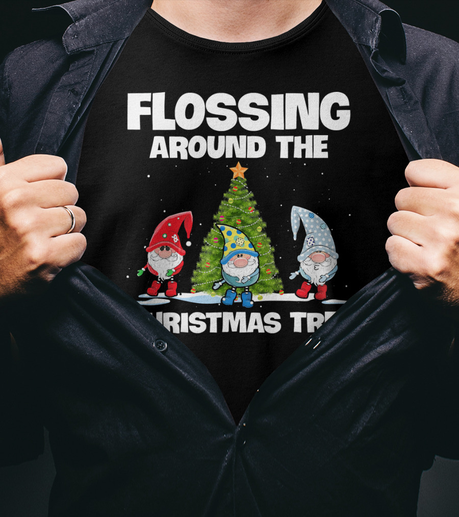 Flossing Around The Christmas Tree Gnomes And Lights Under Starry Sky T-Shirt
