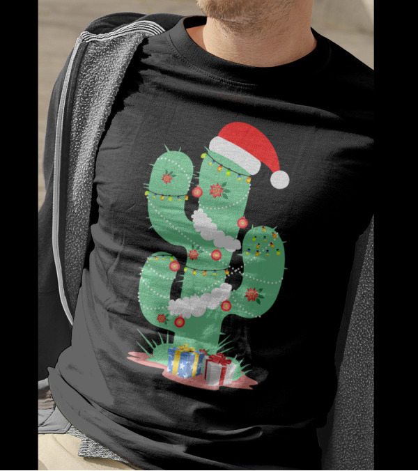 Funny Christmas Cactus With Santa Hat And Presents T-Shirt