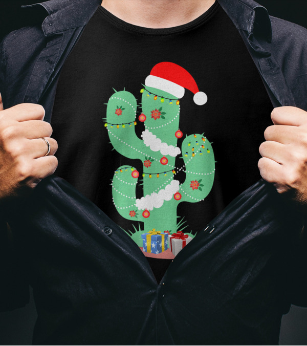 Funny Christmas Cactus With Santa Hat And Presents T-Shirt