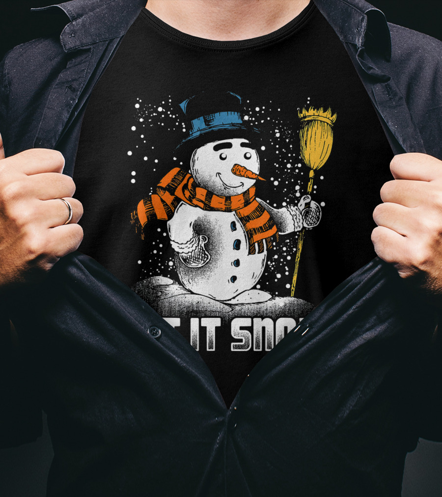 Let It Snow Snowman With Orange Scarf And Broom T-Shirt